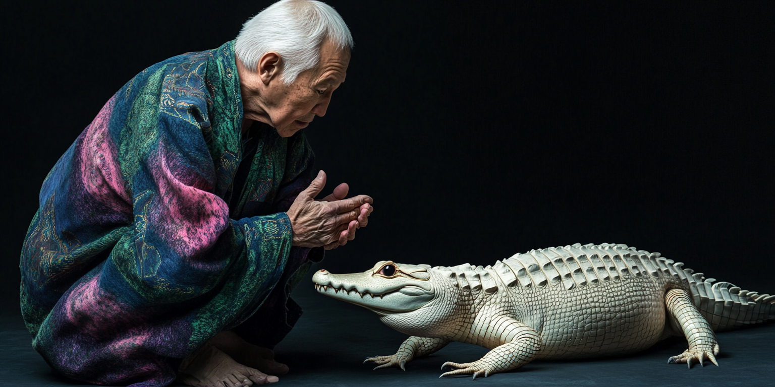 Elderly Inuit man in colorful robes crouching with alligator.