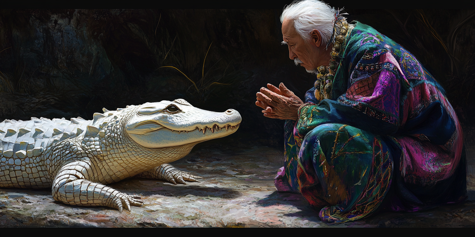 Elderly Inuit man in colorful robes with albino alligator.