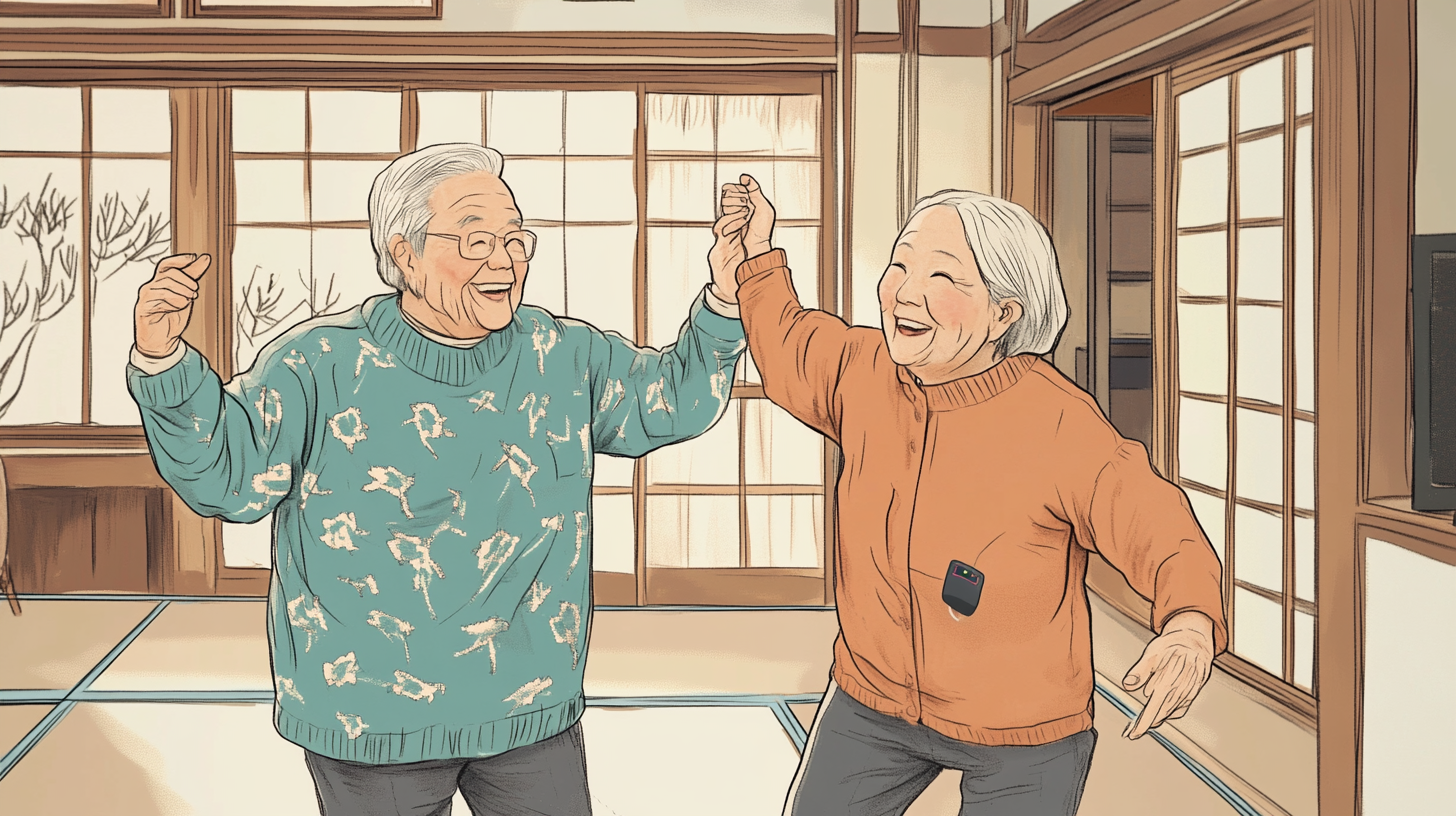 Elderly Japanese Couple Dancing with Arm Sensor