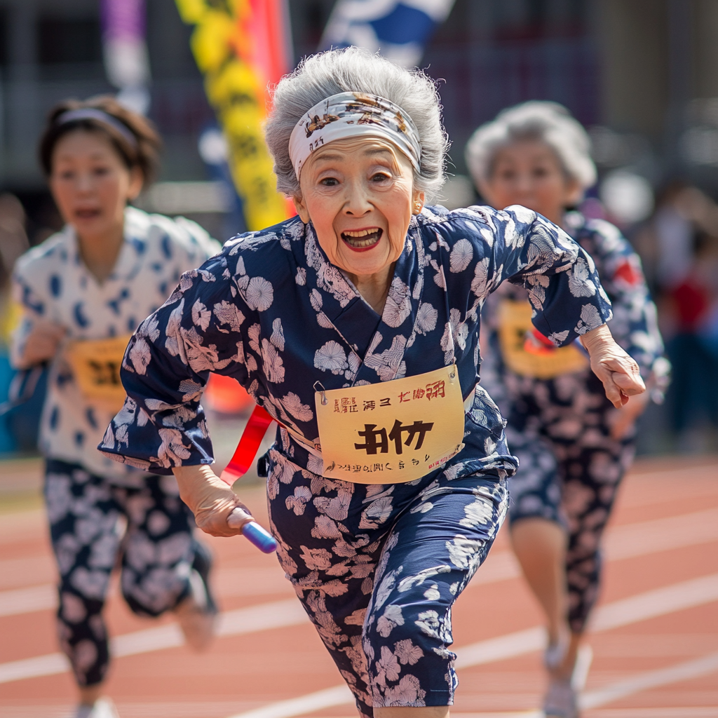 Elderly Japanese Grandma in Relay Race Event