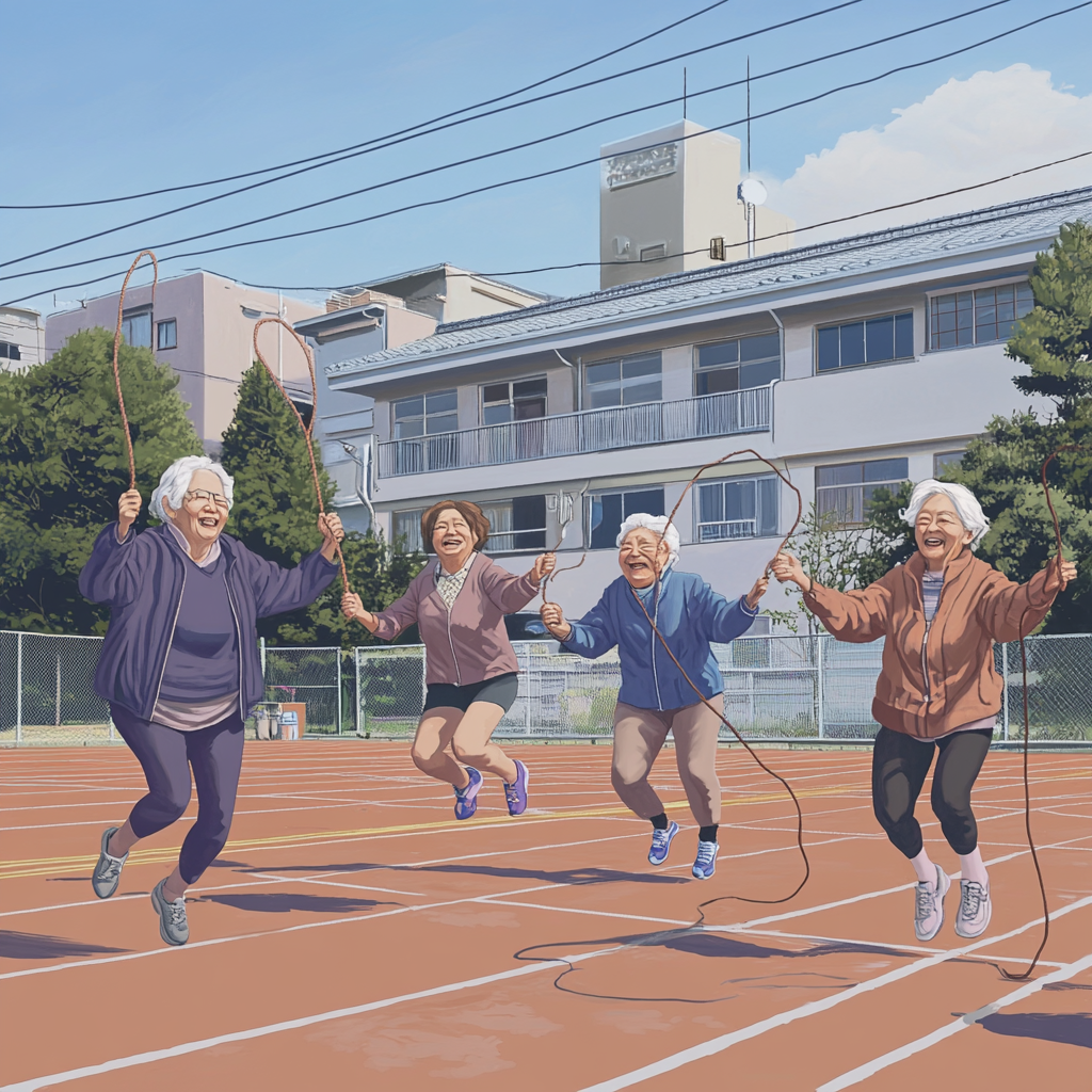 Elderly Japanese Women Jumping Rope Outdoors Smiling