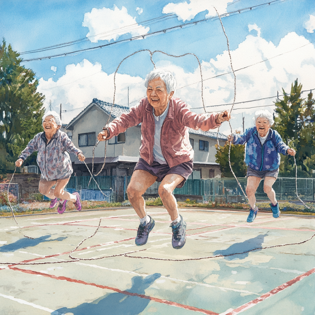 Elderly Japanese women happily jump rope outdoors 