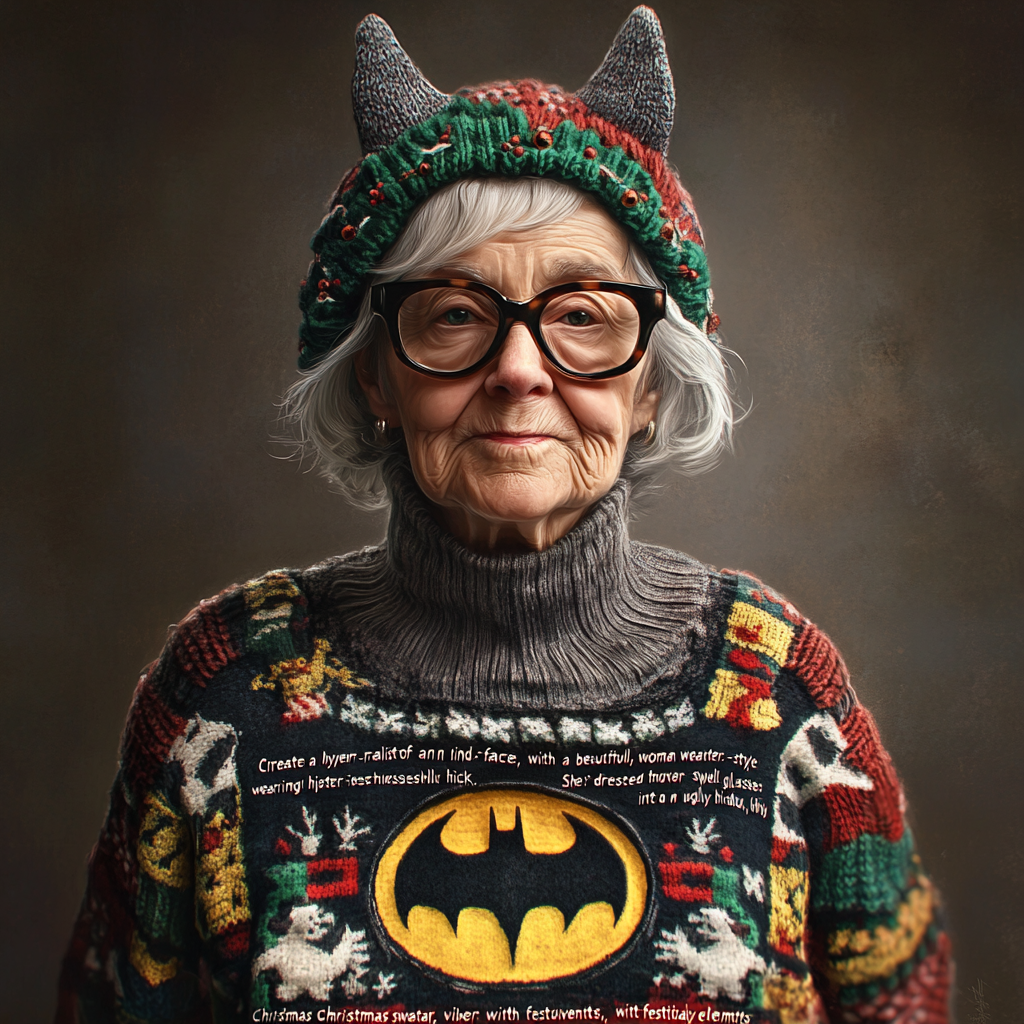 Elderly Woman in Unique Batman Christmas Sweater Portrait