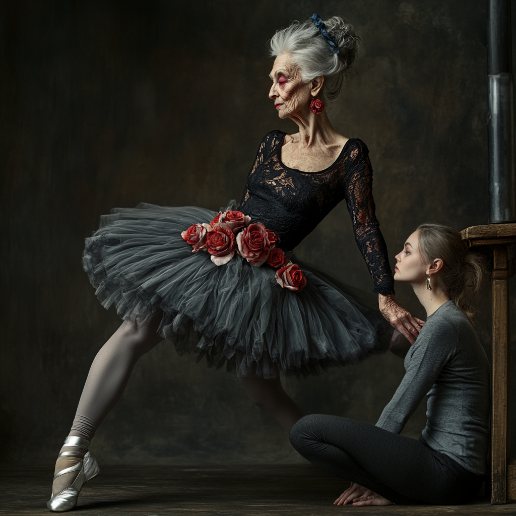 Elderly ballerina in black outfit doing stretches at barre.