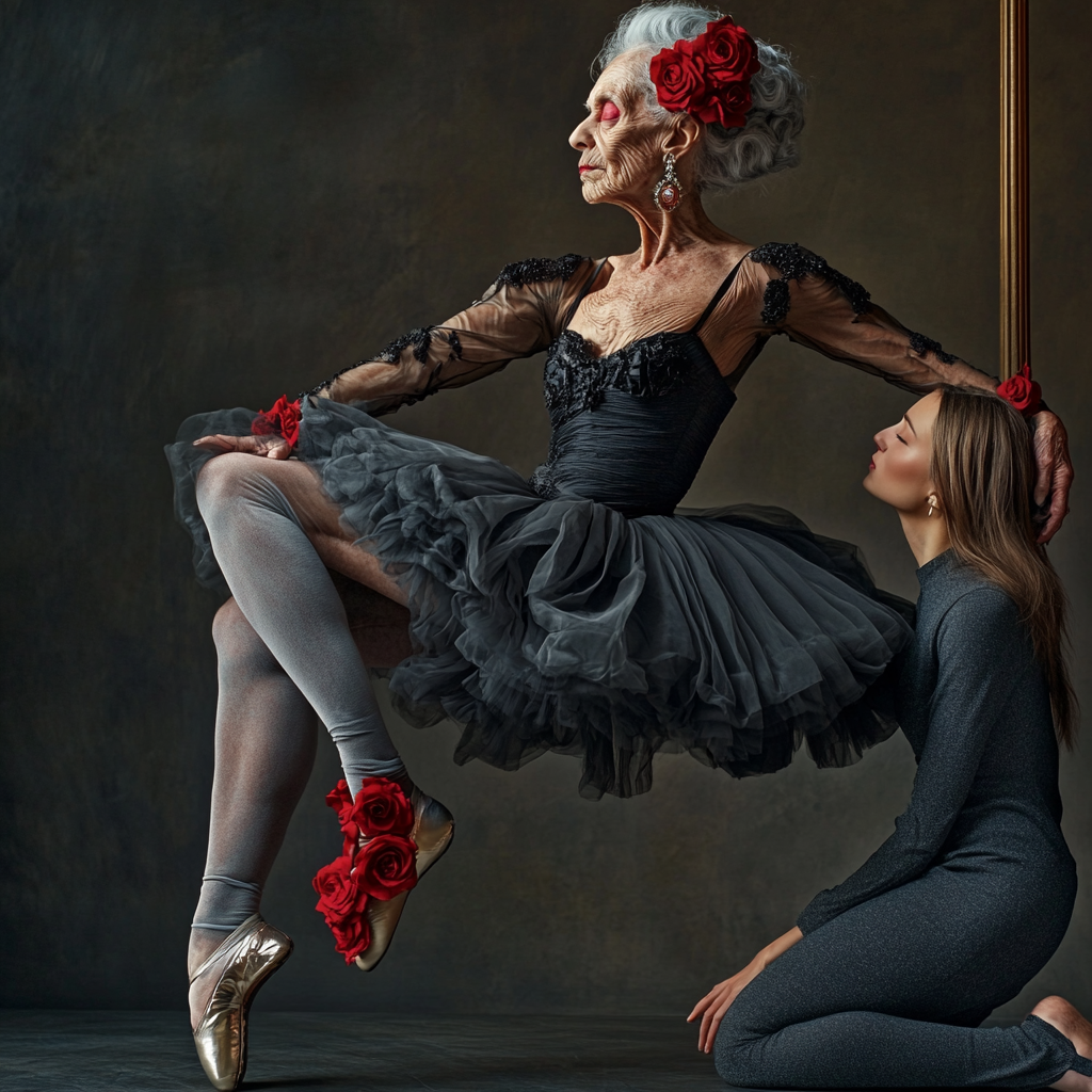 Elderly ballerina in black outfit stretches at ballet barre.