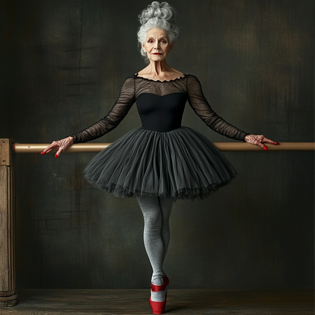 Elderly ballerina in black skirt, gray tights, red shoes.