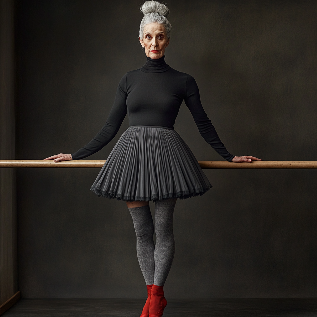 Elderly ballerina in black skirt and red ballet shoes