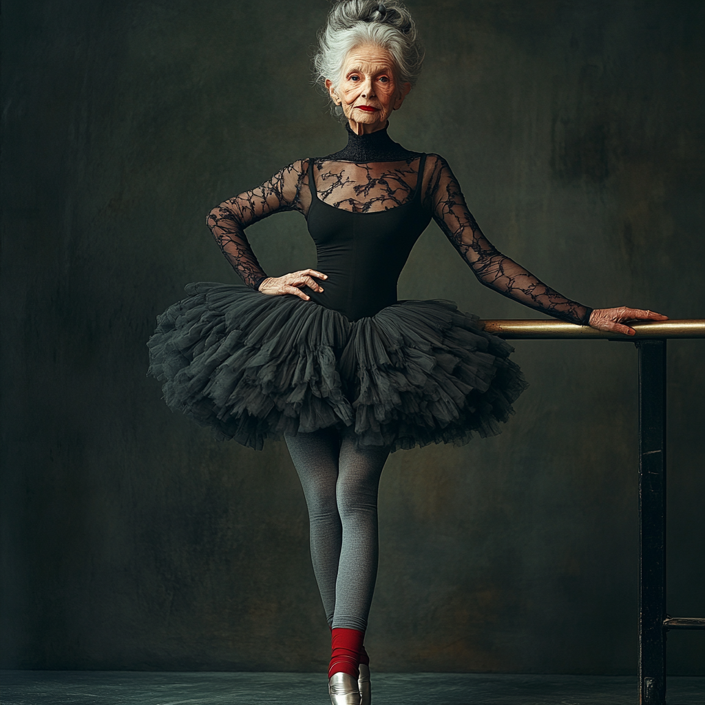 Elderly ballerina in black skirt and red shoes, gray hair.