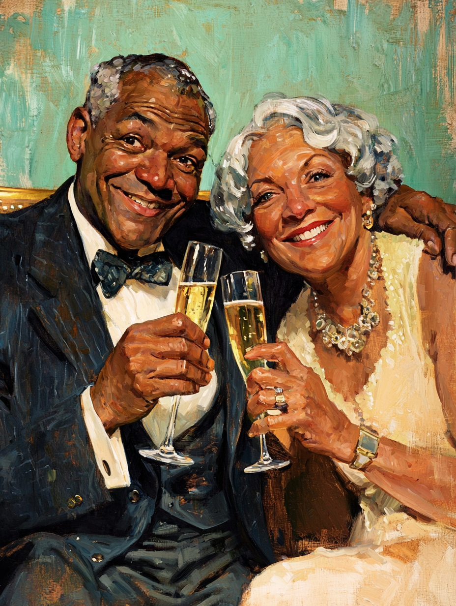 Elderly couple enjoying champagne on vintage book cover.