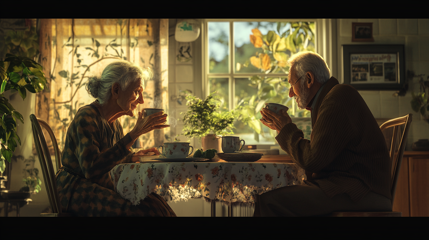 Elderly couple sipping tea in 1970s nostalgic home