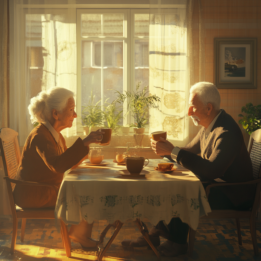 Elderly couple sipping tea in nostalgic 1970s home