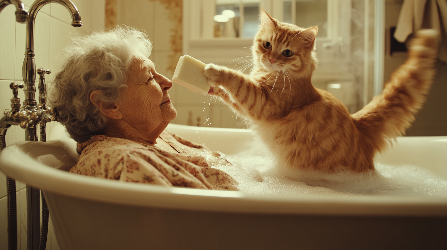 Elderly grandmother relaxing in bathtub, cat soaping her back.