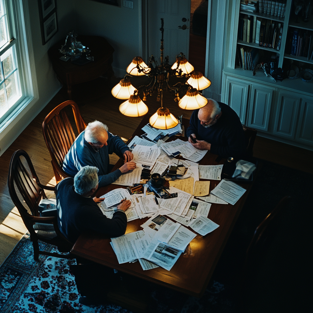 Elderly man and couple discussing bills at home