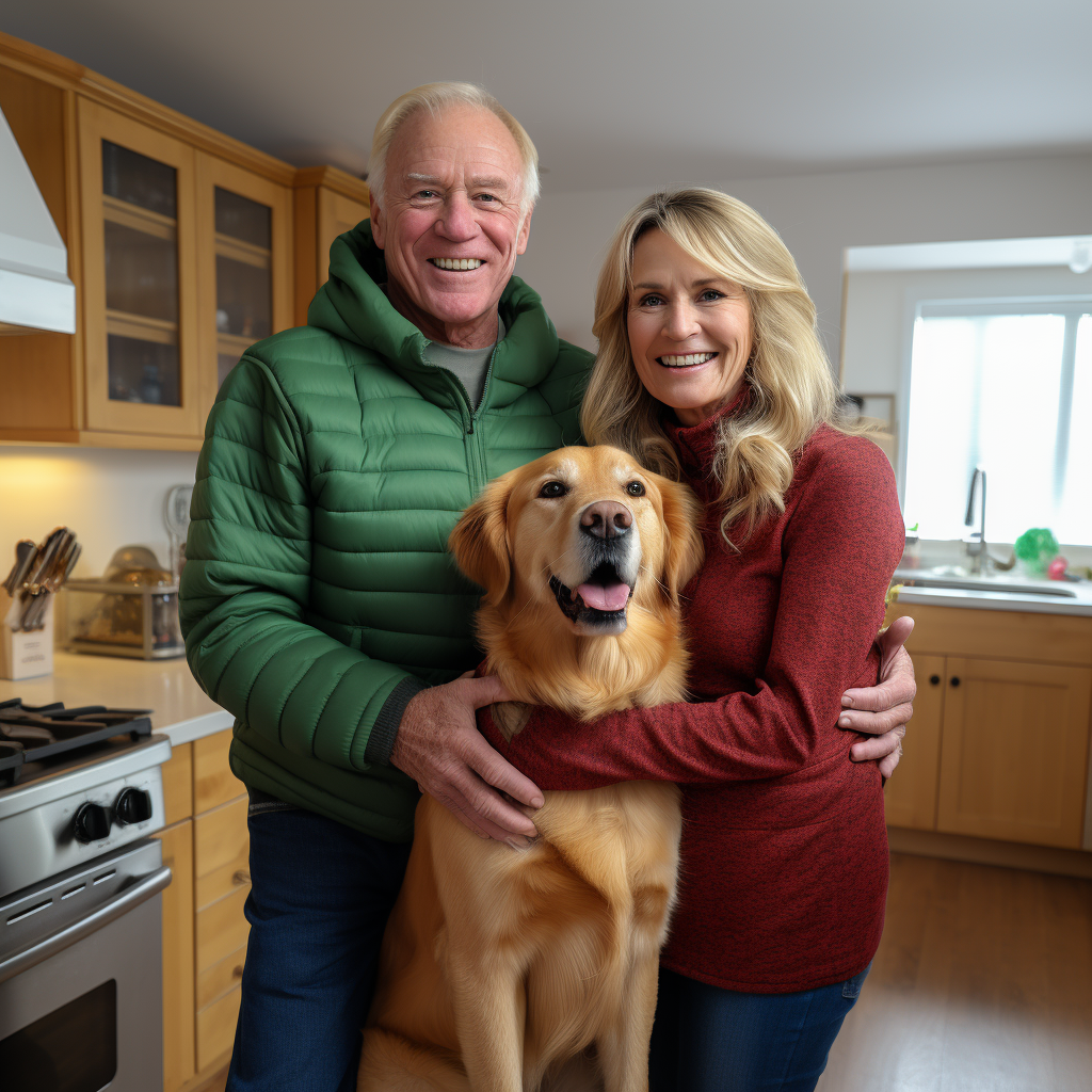 Elderly man and young woman with dog in kitchen