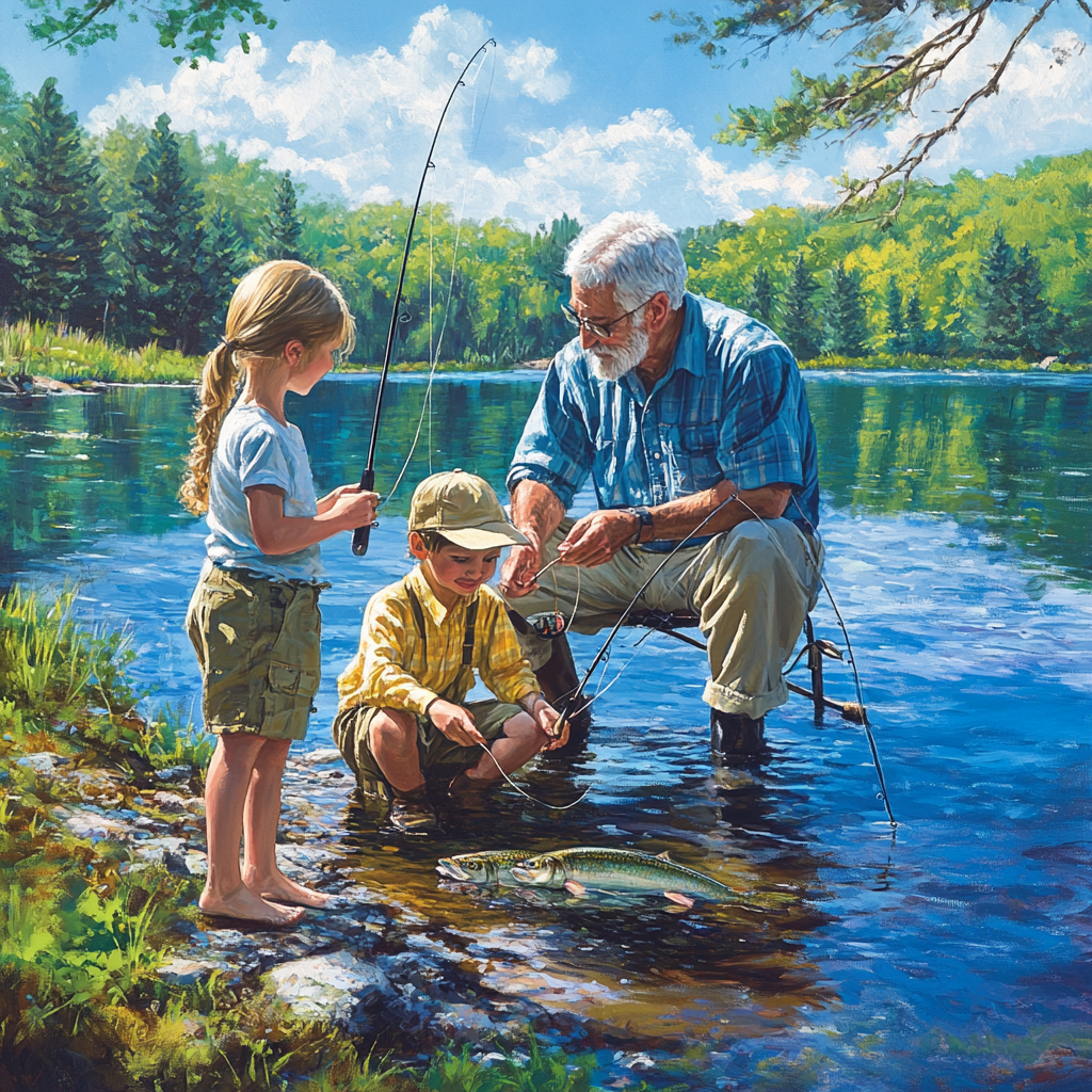 Elderly man helping children fish by a lake.