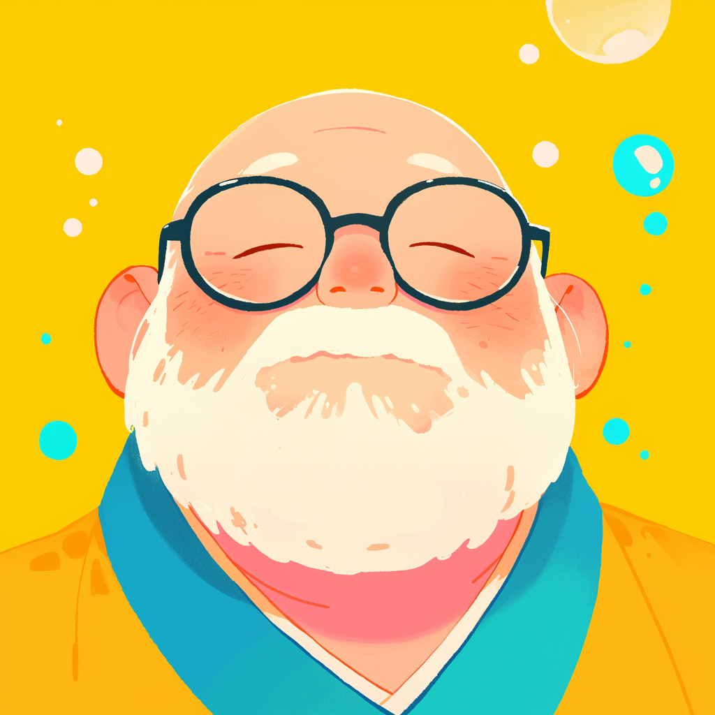 Elderly man in colorful anime style with pastel background.