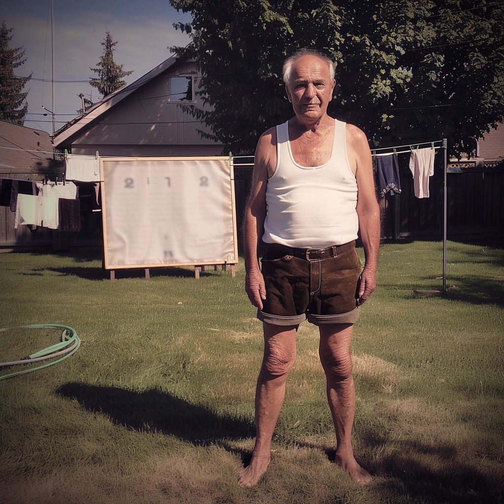 Elderly man in suede lederhosen on grass lawn.