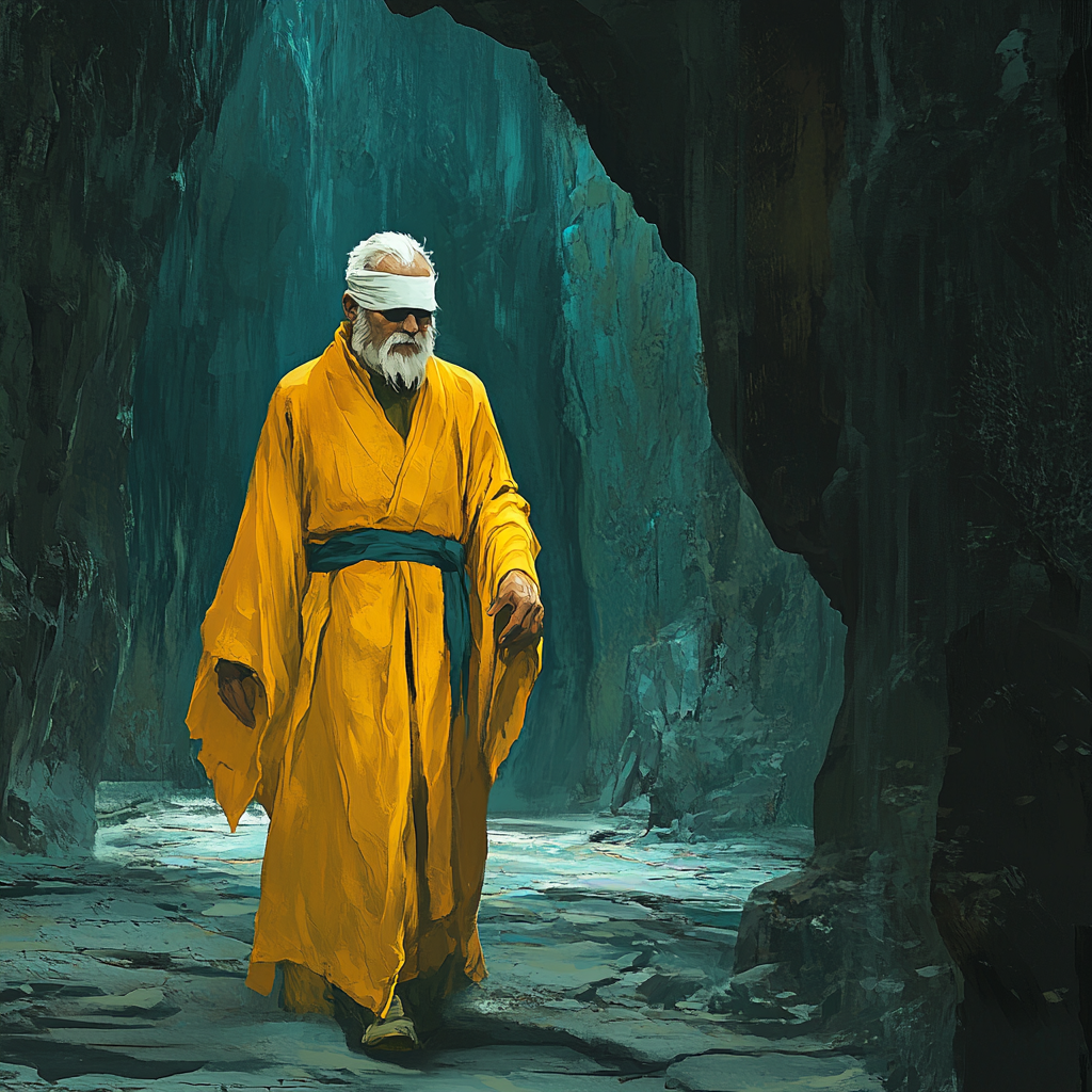 Elderly man in yellow robe walking through dark cavern.