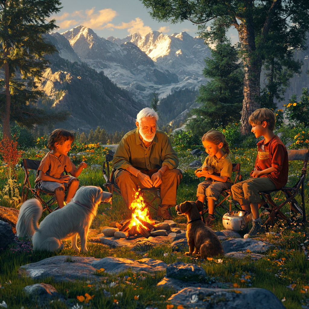 Elderly man with children and animals by campfire.