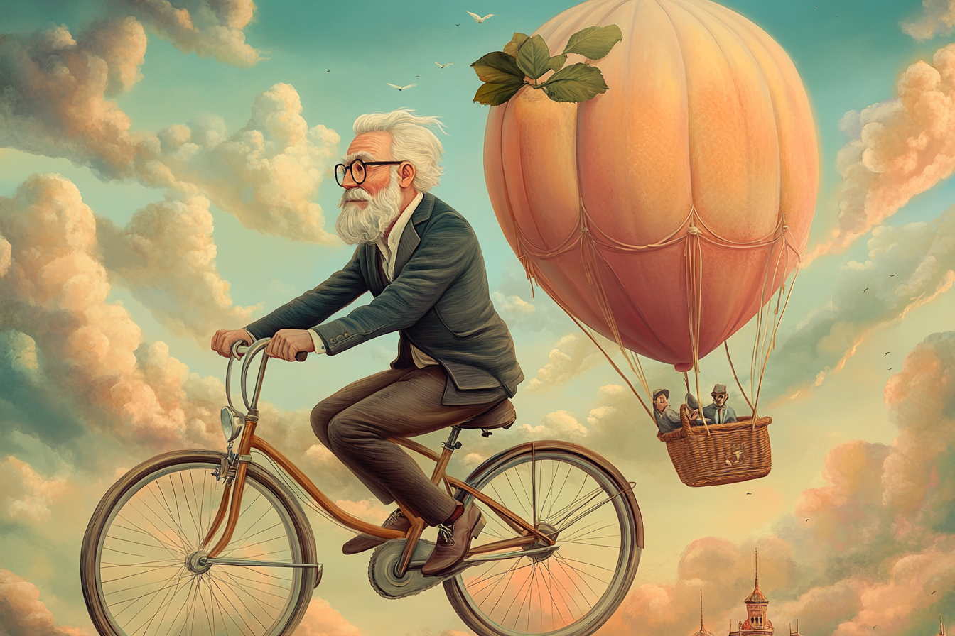 Elderly man with glasses and beard in flying peach.