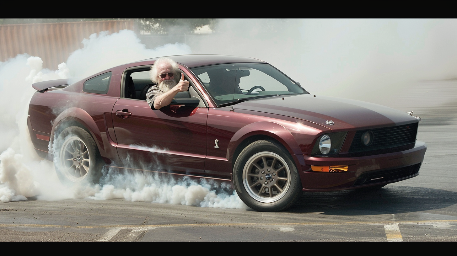 Elderly man with white hair in a car.