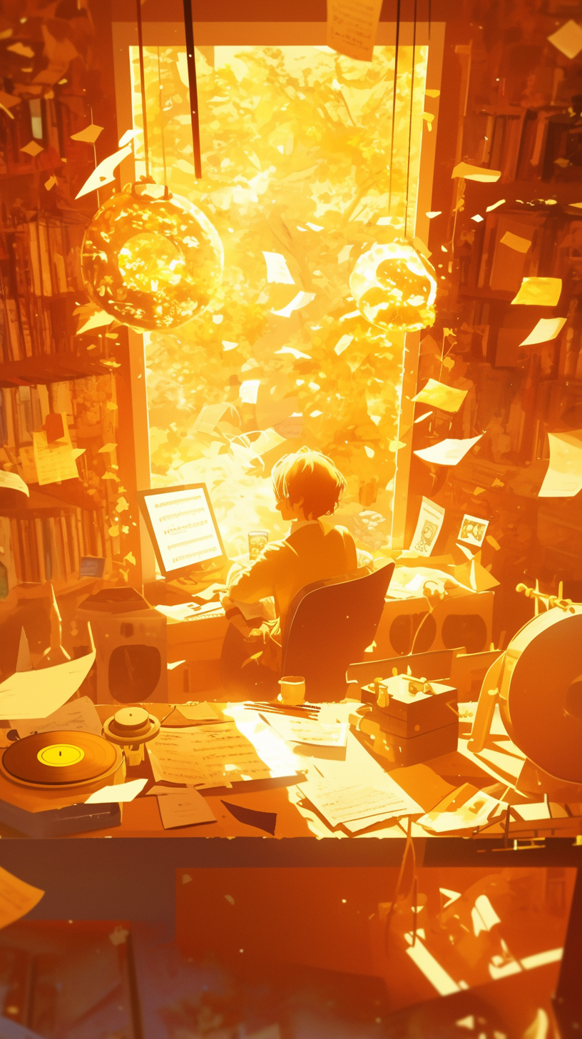 Elderly person surrounded by floating musical notes and sunlight.