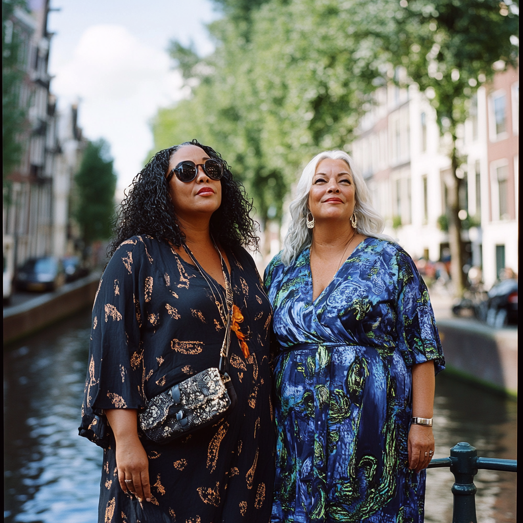 Elderly plus-size women in loose black and indigo tunics.