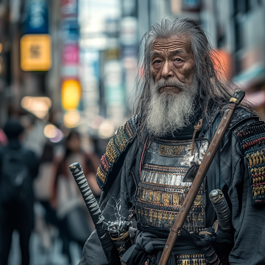 Elderly samurai in old armor, lost in modern city.