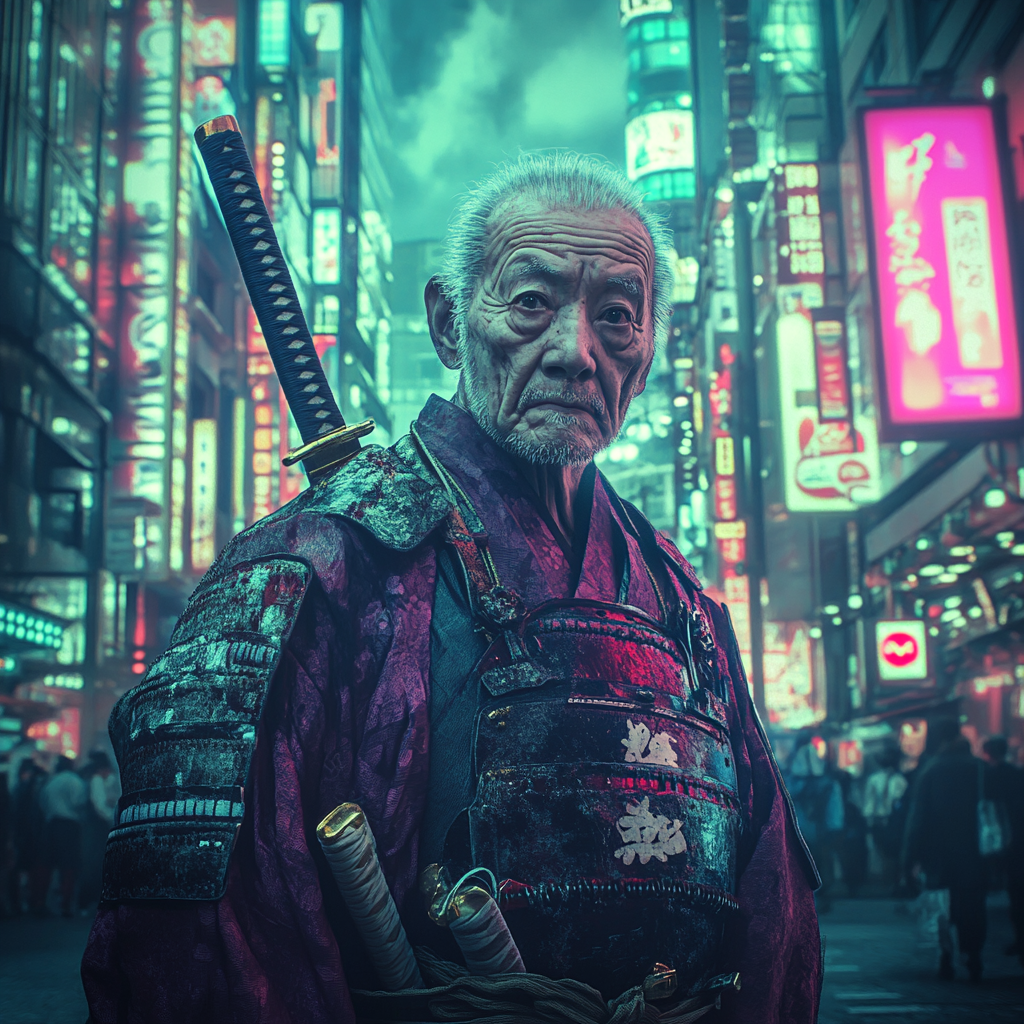 Elderly samurai in traditional armor confused in modern city.