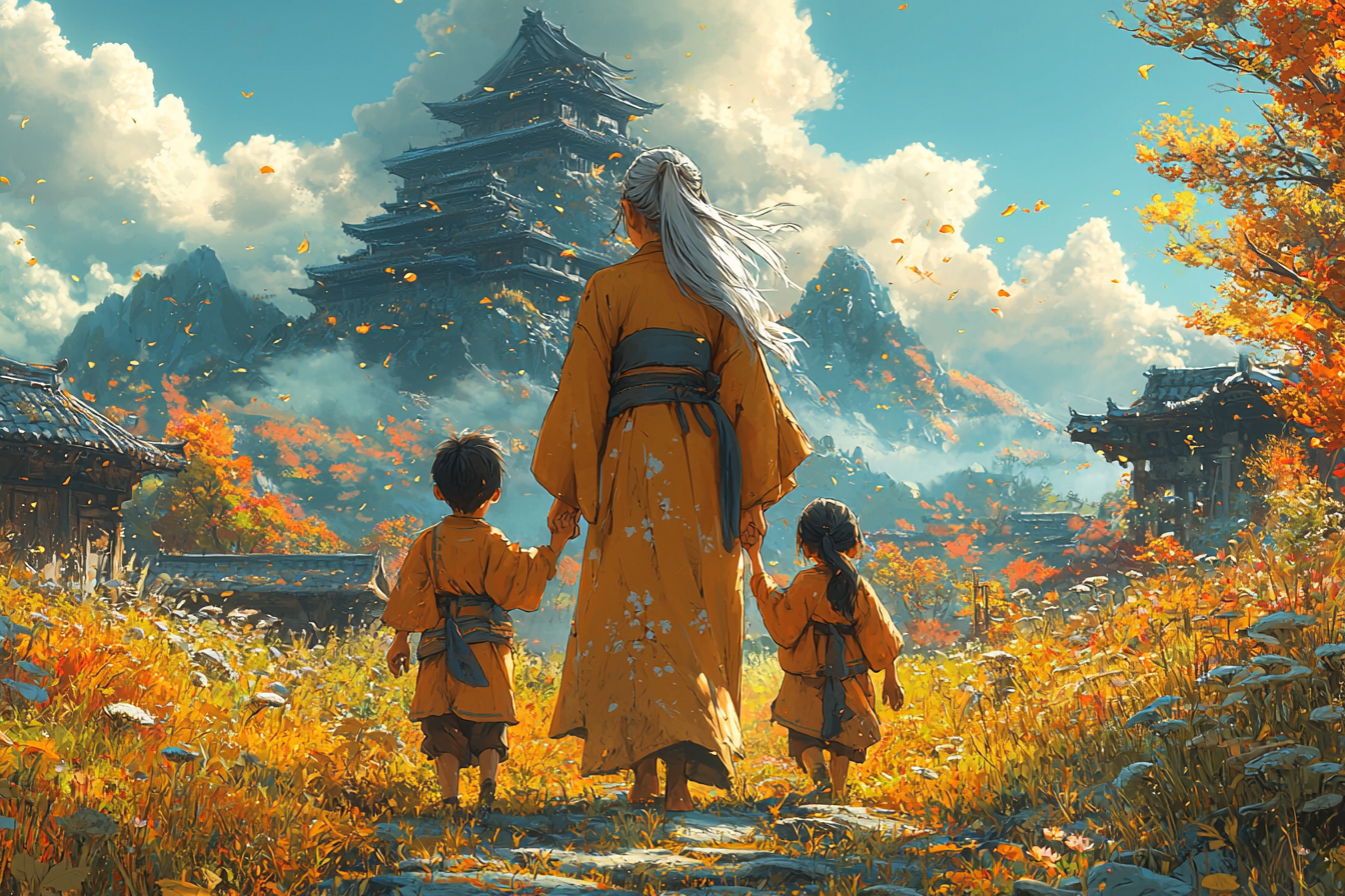 Elderly woman and kids walk in vibrant anime scenery.