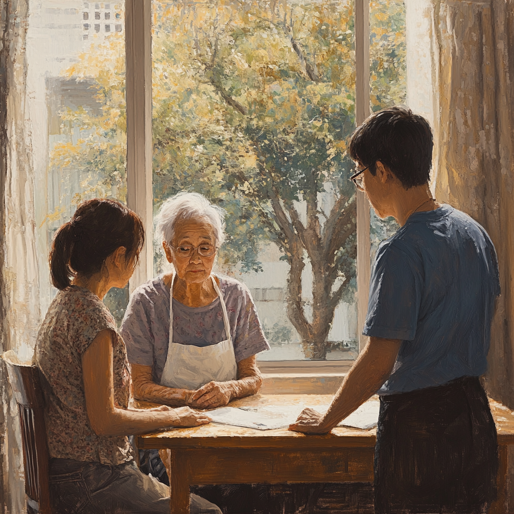 Elderly woman and man write, calm indoor scene.