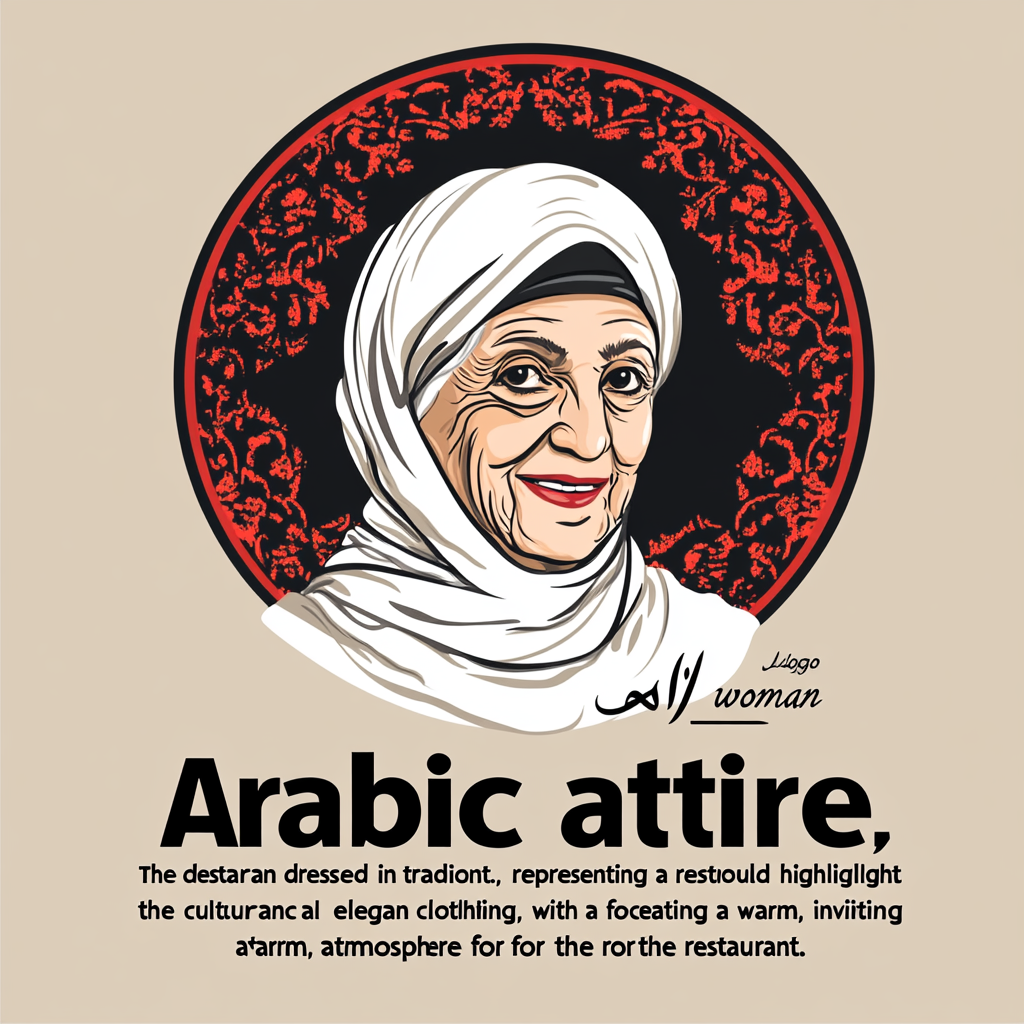 Elderly woman in Arabic attire logo for restaurant.