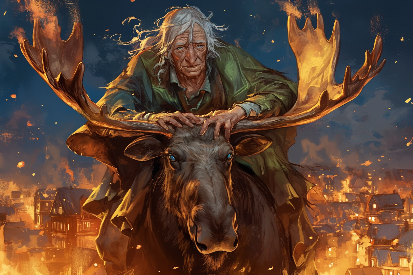 Elderly woman on moose in burning town, horror art.