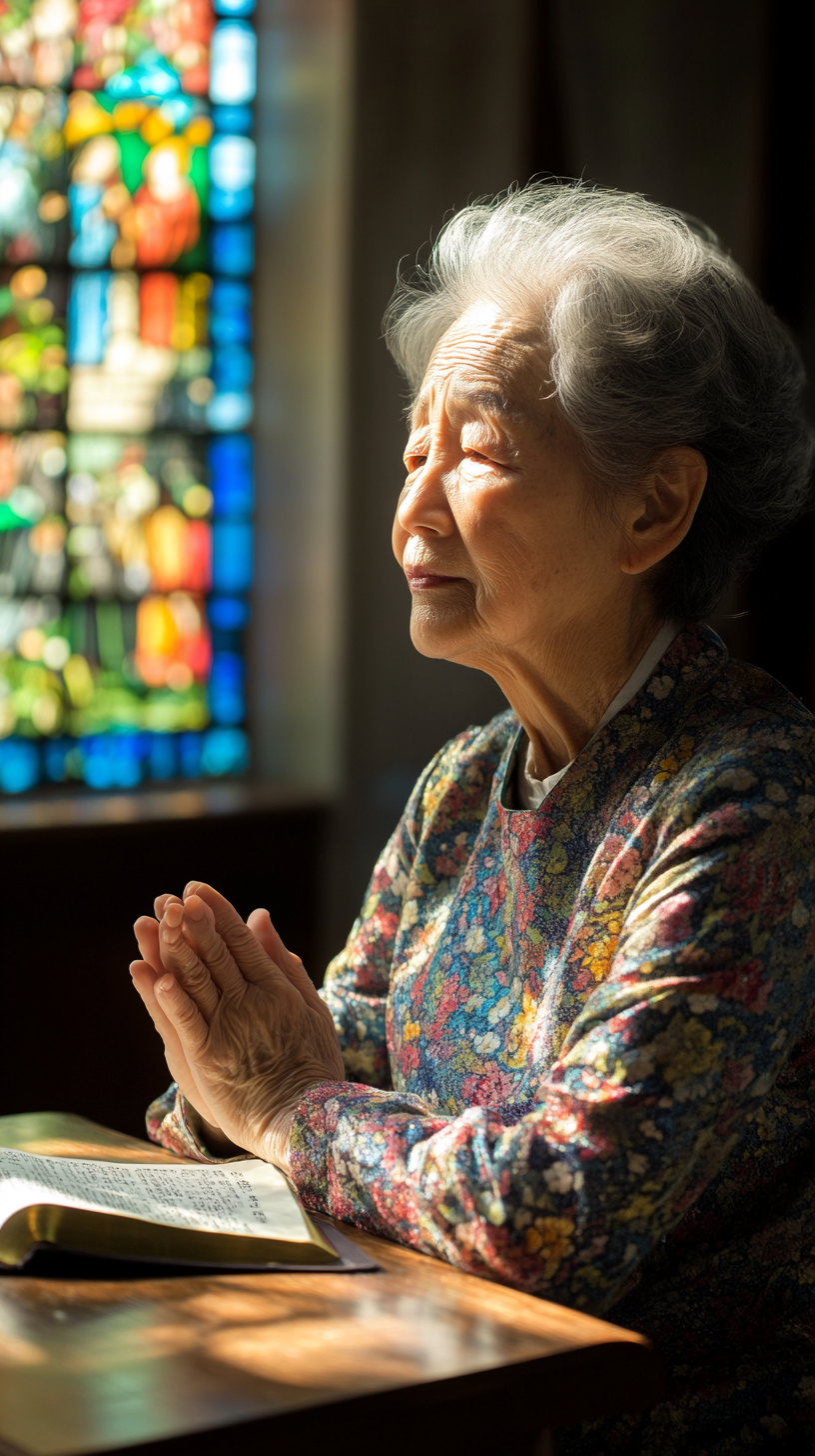 Elderly woman prays at bright church altar.