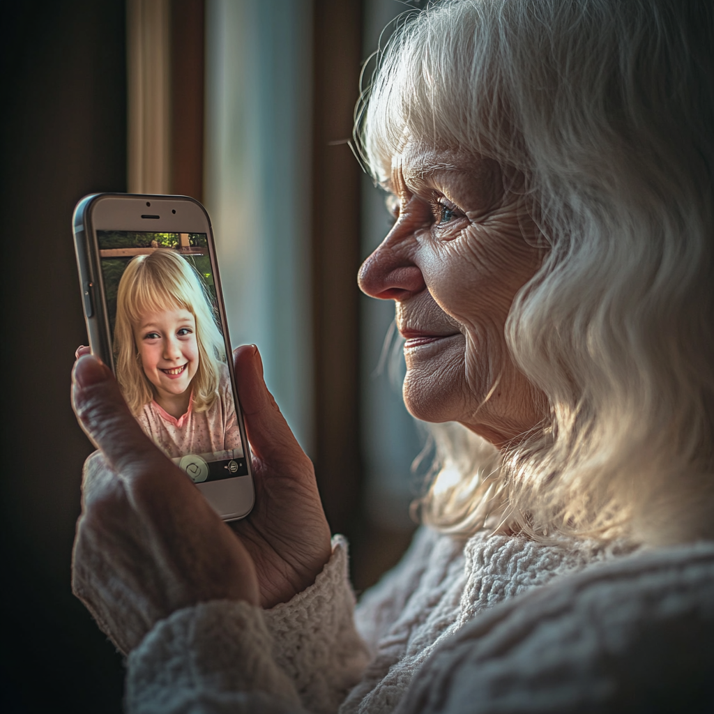 Elderly woman smiling as she sees younger self on phone.