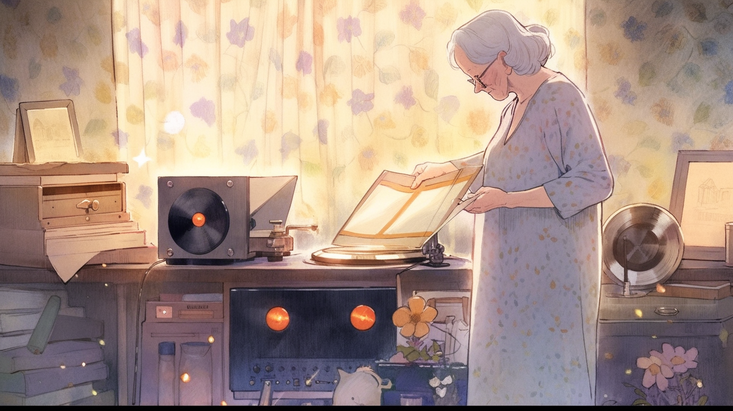 Elderly woman surrounded by glowing musical notes and memories.