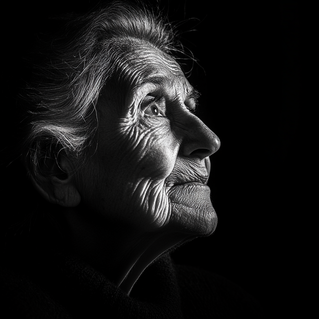 Elderly woman with deep wrinkles, half-shadowed face, soft smile.