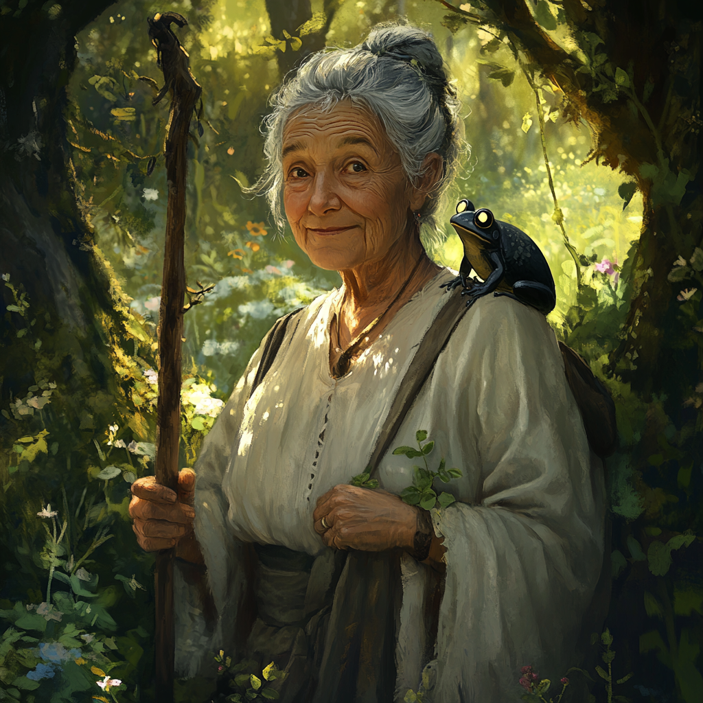 Elderly woman with frog, walking stick in magical forest.