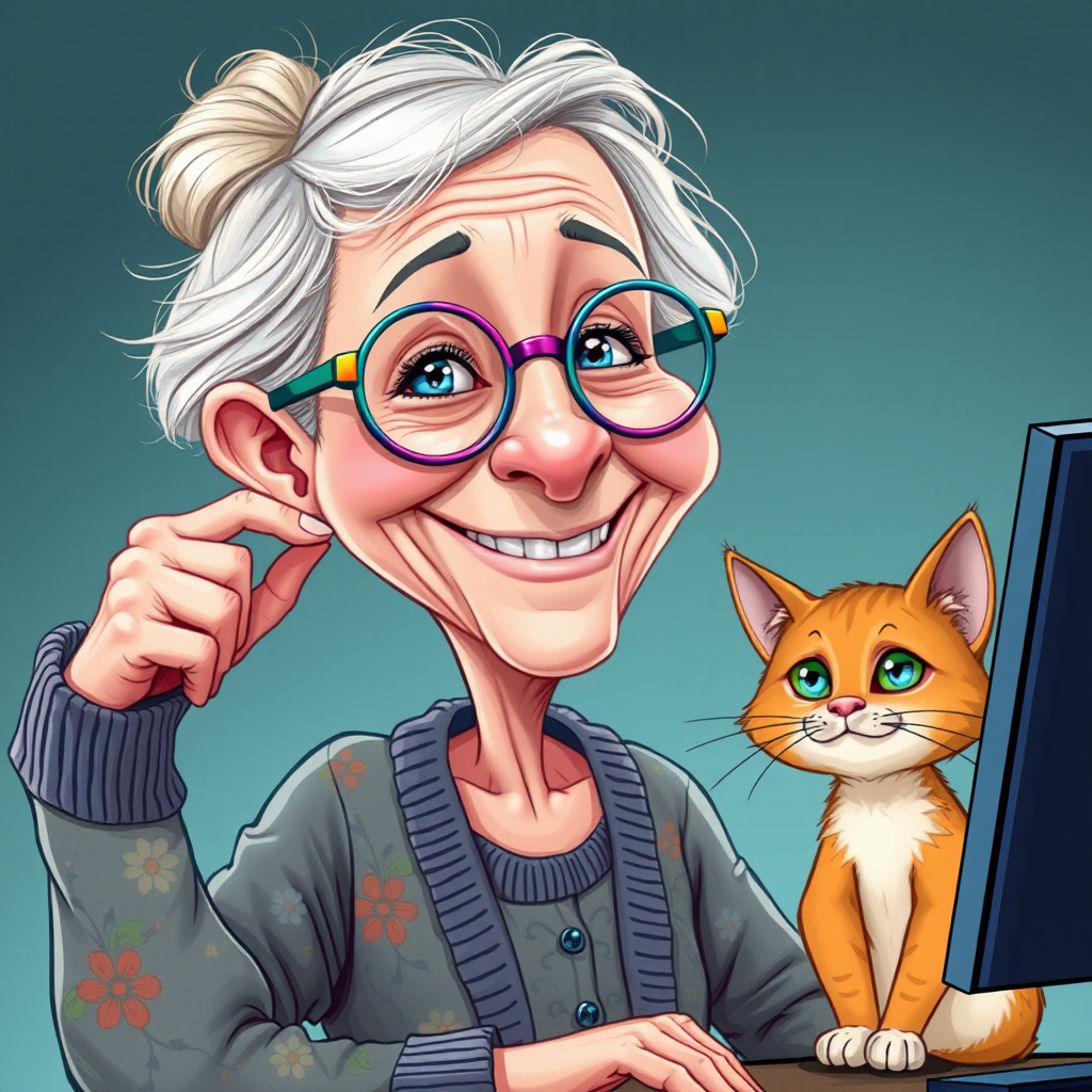 Elderly woman with kitty working on neural project.