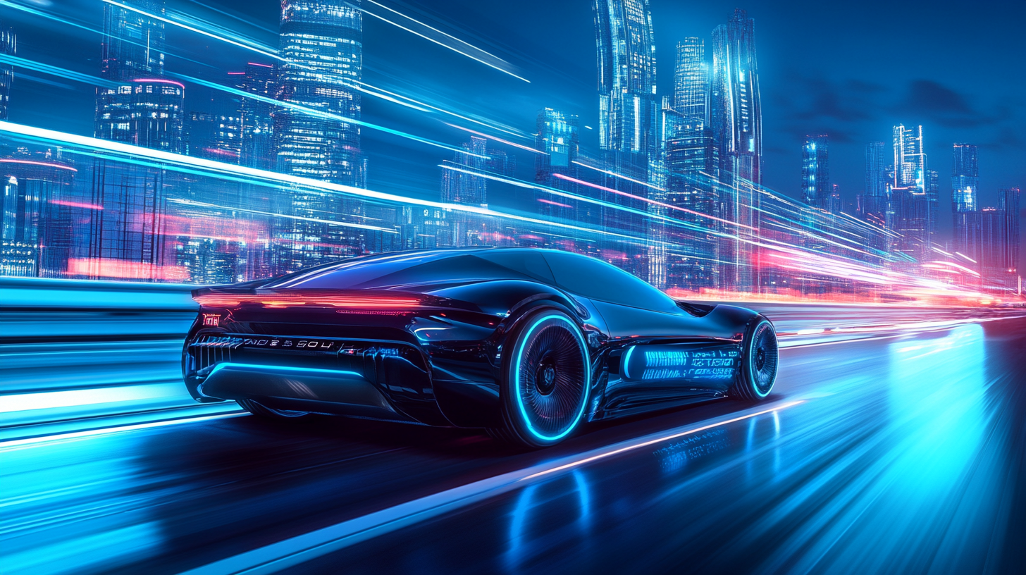 Electric Cars speeding with neon lights, futuristic city background.