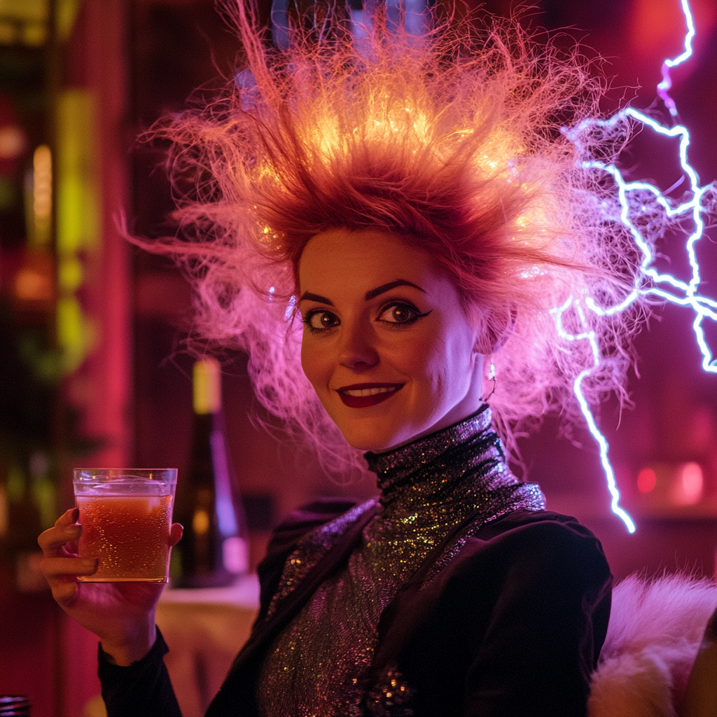 Electric Hair Woman at Halloween Party with Punch