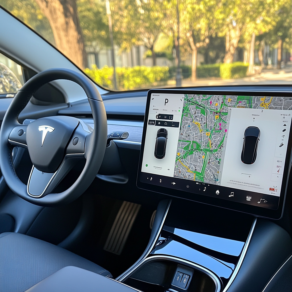 Electric car control panel shows battery info and navigation