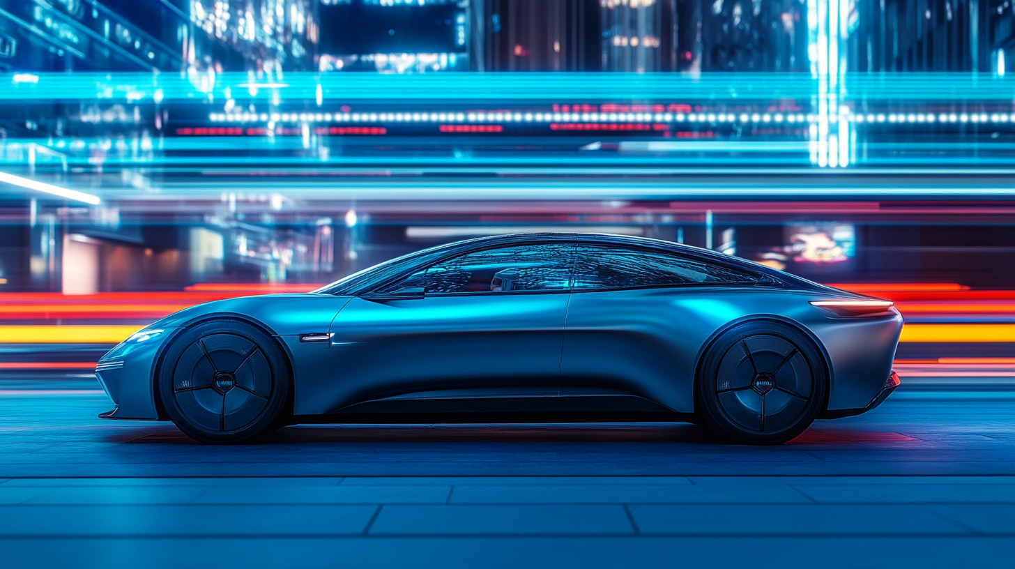 Electric cars in modern city with neon lights.