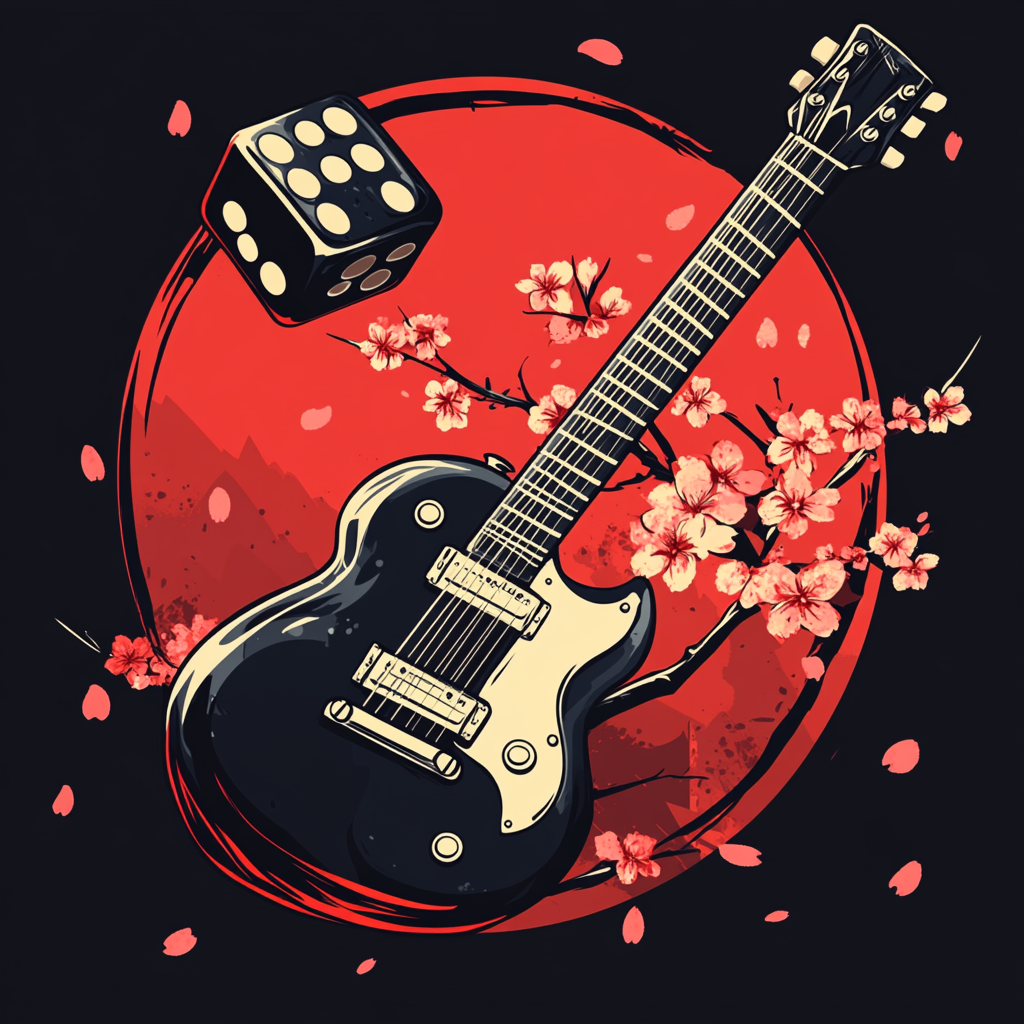 Electric guitar, cherry blossom, two rolling dices, Japanese style.