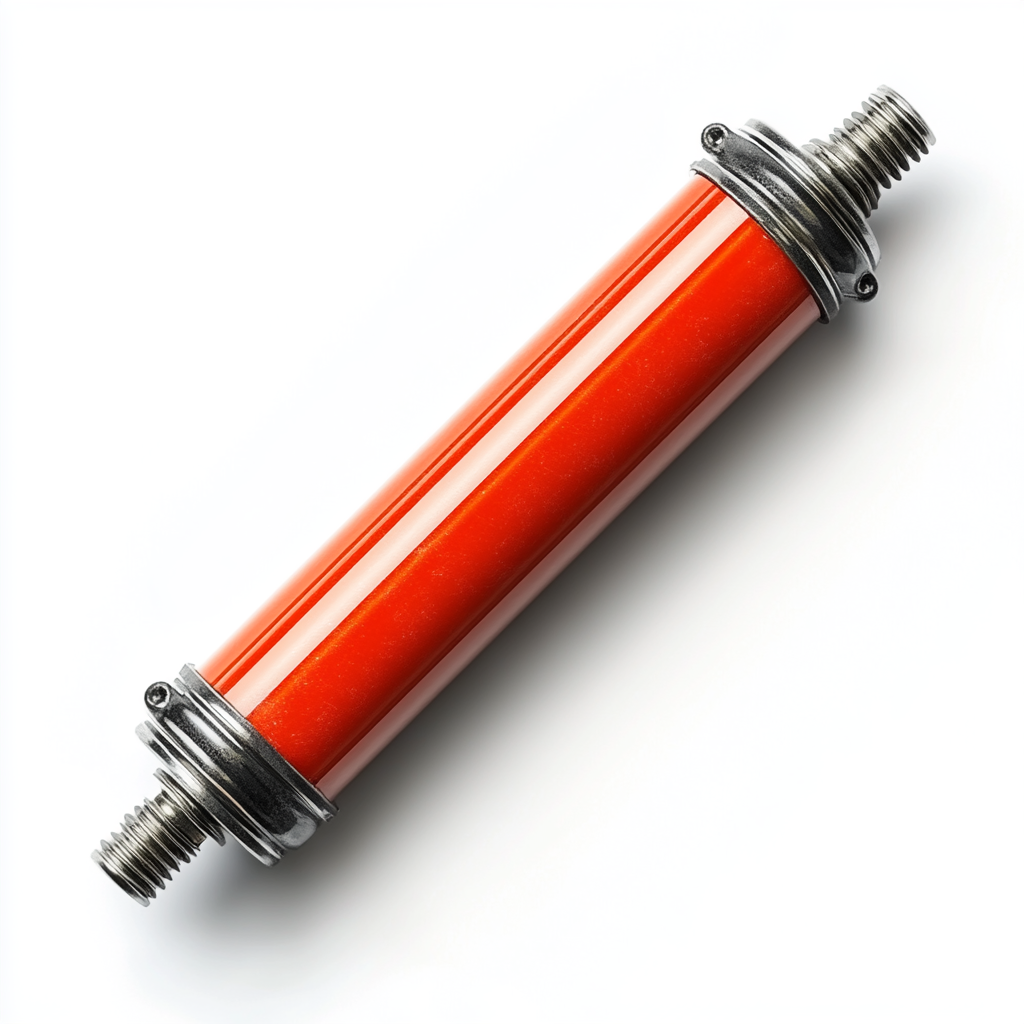 Electronic capacitor with red body and metallic sheen.