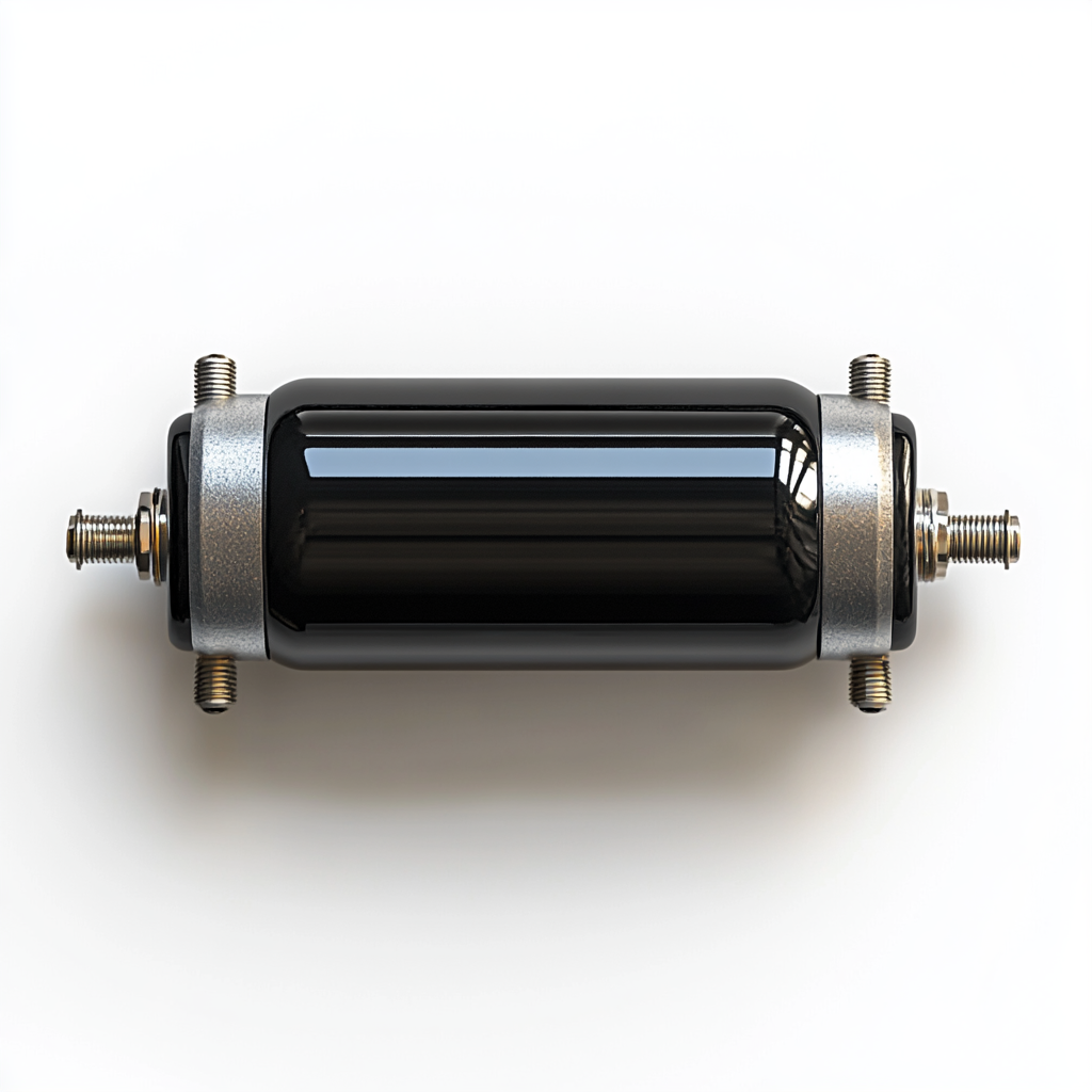 Electronic capacitor with two leads, light black with gray stripe.