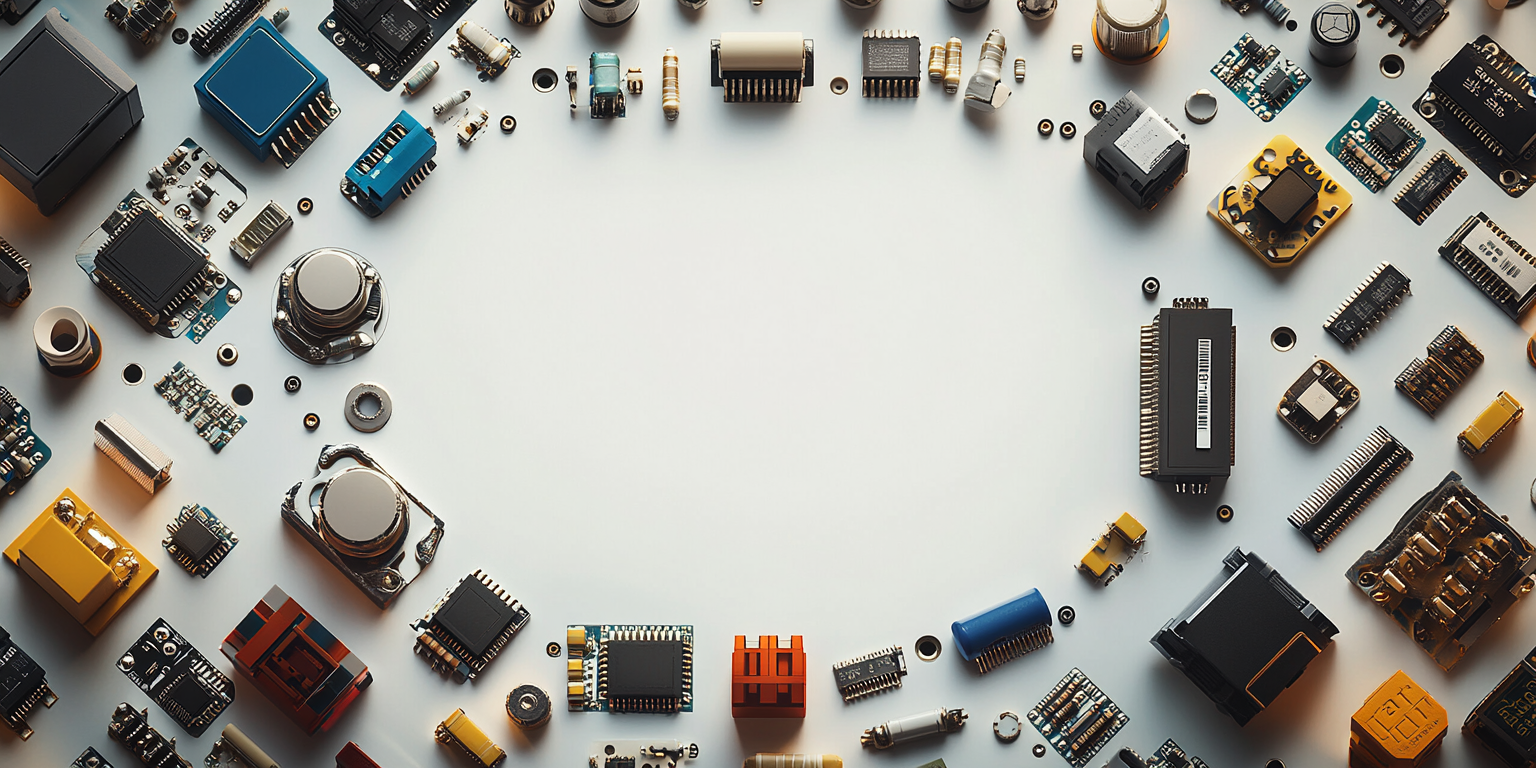 Electronic components on white background, circle space in center.