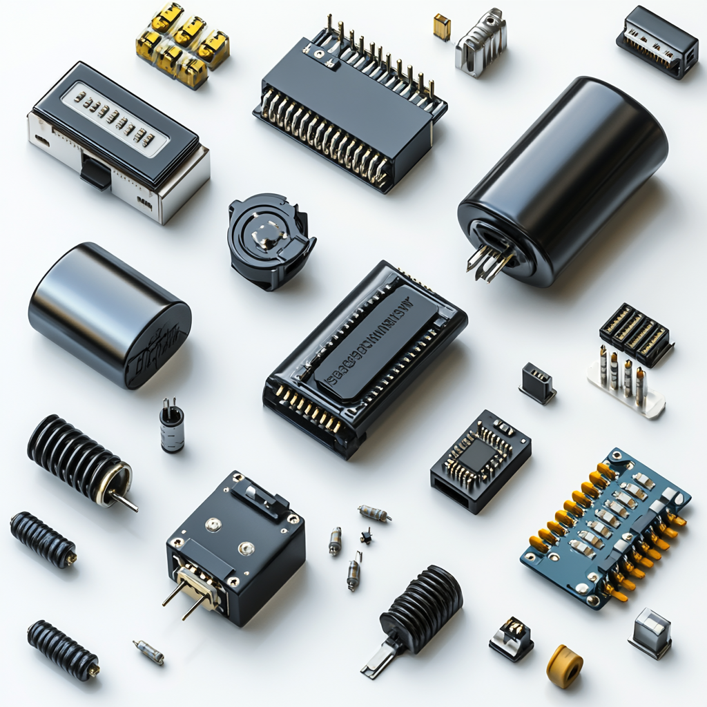 Electronic components on white background: capacitor, resistor, LED.