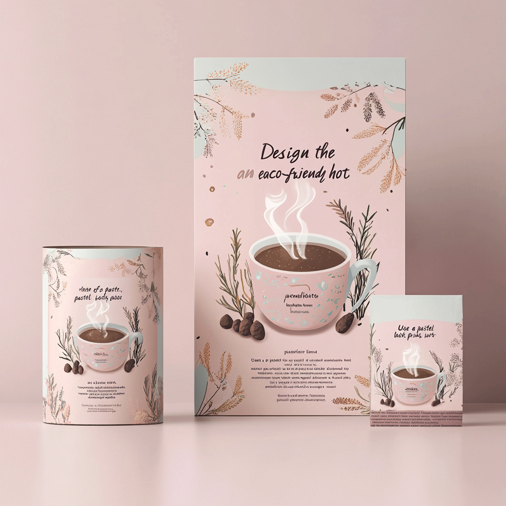 Elegant, eco-friendly hot chocolate packaging box design. Soft colors.