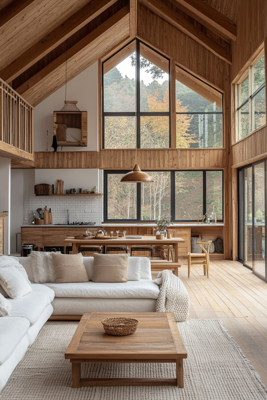 Elegant, spacious cabin with high ceilings and minimal decor.